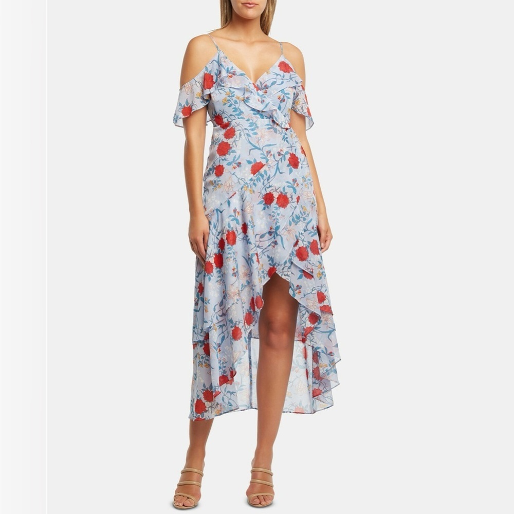 Bardot Floral Off The Shoulder Midi Dress Ruffle‎ Faux Wrap Blue Red Size 8/M